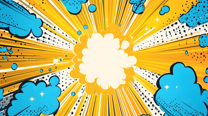 The comic book-style background is filled with white clouds, and the yellow circular cartoon explosion in the center has blue edges
