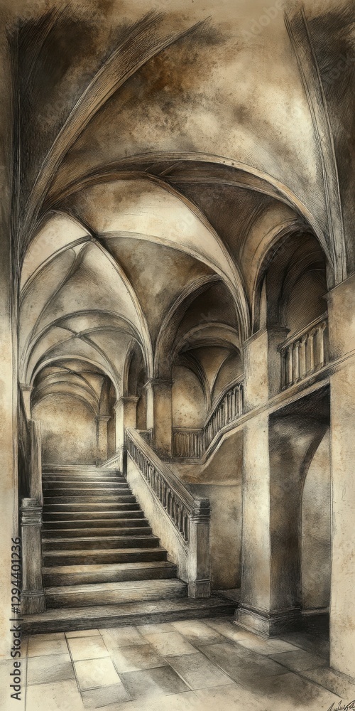 Poster sepia toned drawing of a grand gothic building interior with a stone staircase and archways and ligh
