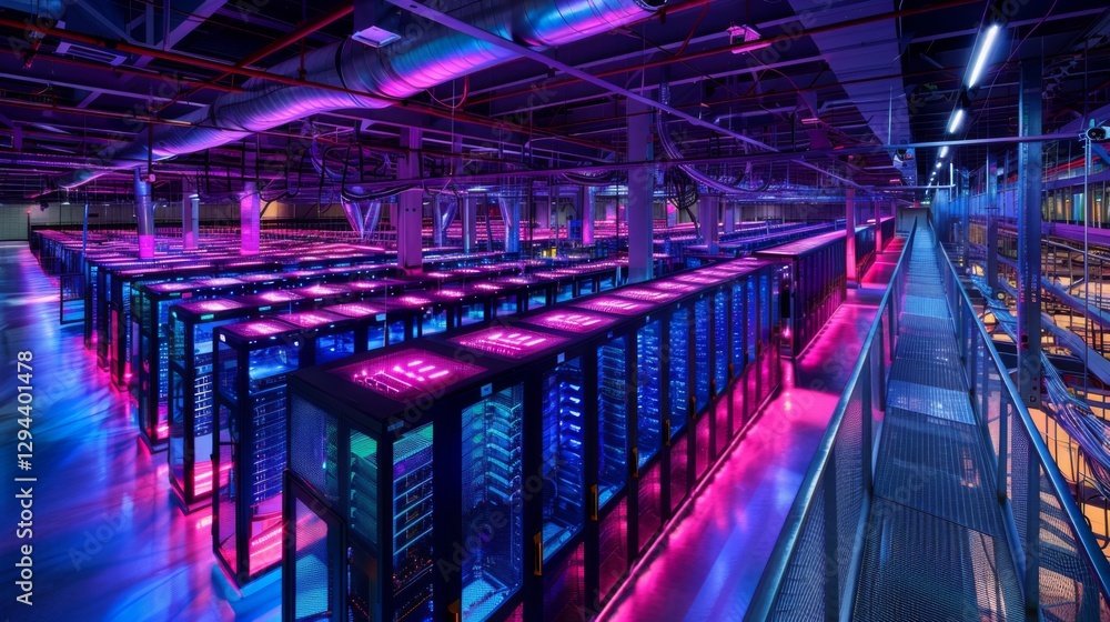 Poster Rows of sleek server racks are lit with vivid pink and blue lights in a modern data center, emphasizing the advanced technology and organized structure of the facility.