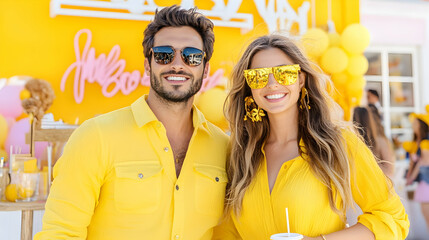 Obraz premium Couple smiles at summer lemonade stand event