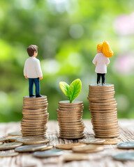 Couple standing on coin stacks, plant growth, nature backdrop