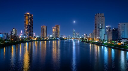 Fototapeta premium A nighttime urban cityscape along a reflective waterway with lights