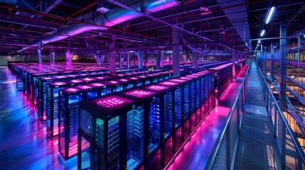 Rows of sleek server racks are lit with vivid pink and blue lights in a modern data center, emphasizing the advanced technology and organized structure of the facility.
