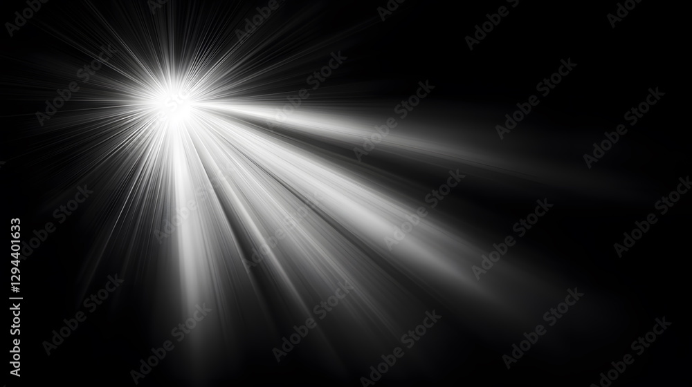 Poster bright light rays shining from a central point creating a dramatic atmosphere in a dark background.
