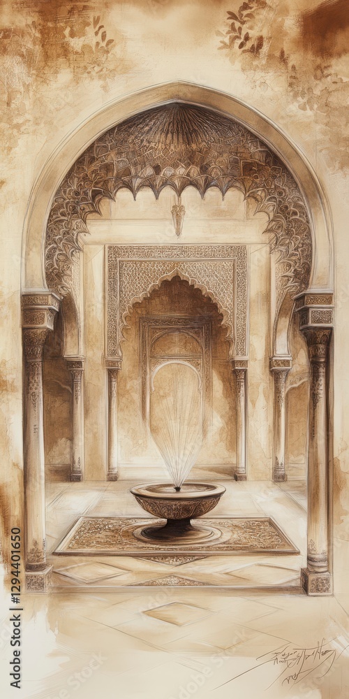 Aufkleber sepia toned drawing of ornate architectural design featuring a central fountain with water feature d