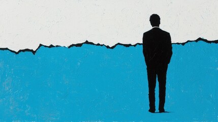 Silhouette of a Businessman Standing Before a Blue and White Background