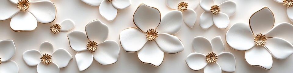 Elegant Natural Style White Clay Flower Arrangement with Delicate Gold Details on Cream Background