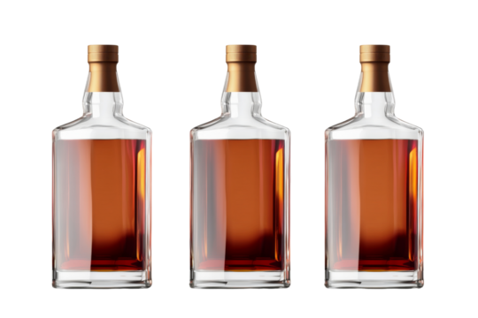 Elegant glass bottles of whiskey on transparent background png format for graphic design white contextual environment