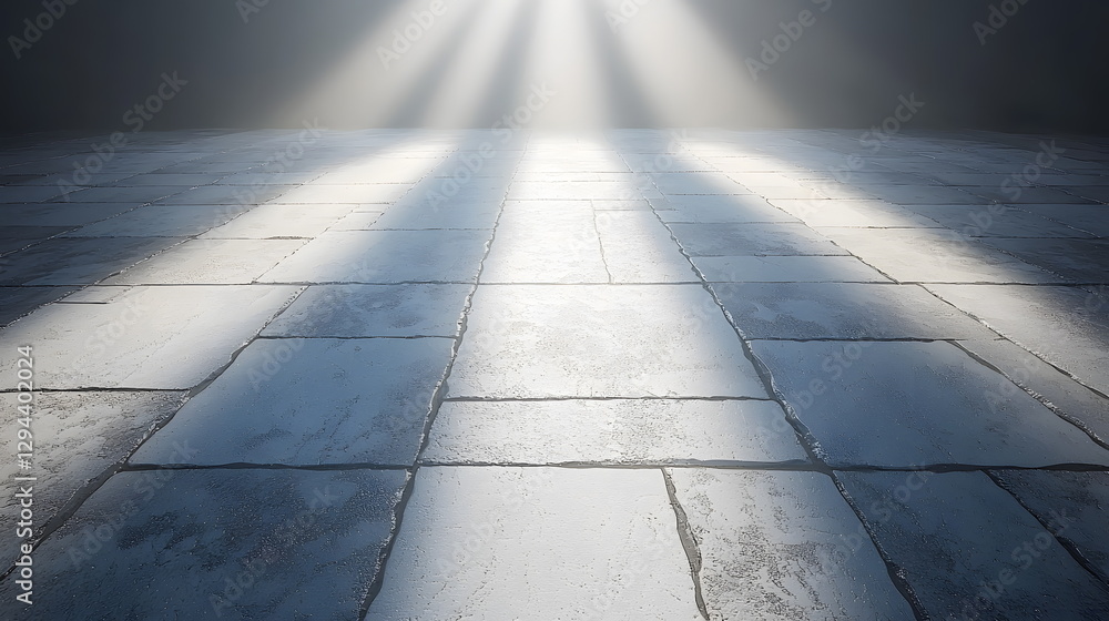 Poster sunlight streaming through dark space illuminating textured stone floor with long shadows and an eth
