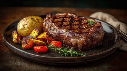 Ultra-realistic image of a thick-cut beef ribeye steak, grilled to perfection and paired with a baked potato and grilled vegetables.