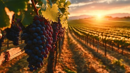 Ripe grapes hanging in vineyard at sunset