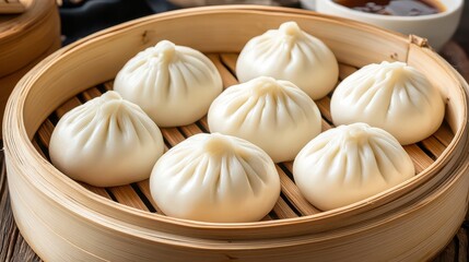Fototapeta premium Ultra-realistic image of Chinese steamed buns (baozi) filled with char siu pork, arranged on a bamboo steaming tray.