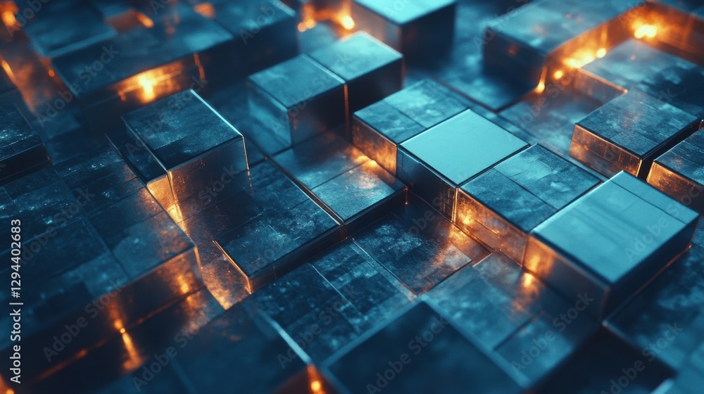 Poster abstract 3d blocks with glowing light on dark surface background