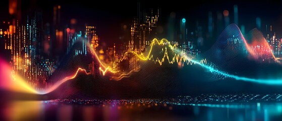 Fototapeta premium Mesmerizing Abstract Digital Landscape Blending AI Sound Waves and Holographic Visualizations A Minimalist yet Intricate Design Featuring Complex Patterns of Binary Code and Fluid