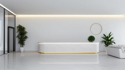 Fototapeta premium Elegant Minimalist Reception Area with Green Plants and Modern Design