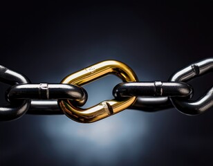 Obraz premium A single golden link unites two black chain segments, representing strength and essential connections. Generated with AI