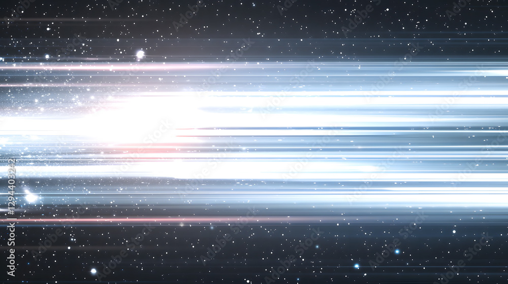 Poster streaks of light moving through a starry galaxy creating an ethereal cosmic atmosphere in space.