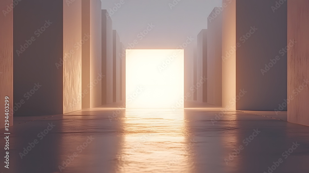 Poster bright square light illuminating tunnel with minima architecture and reflective surfaces on the grou