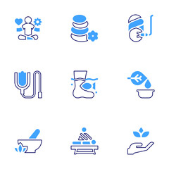 Therapy icon set. Bold line style. Duotone colors. Editable stroke. serum, cosmetics, hot stones, fish therapy, stress management, herbs, massage, therapy