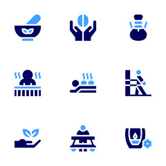 Therapy icon set. Bold style. Duotone colors. herbal massage, brain, hot stones, physiotherapy, herbal, rehabilitation, walker, candles