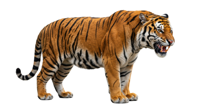 Isolated Ferocious Tiger Prowling with Sharp Teeth Displayed