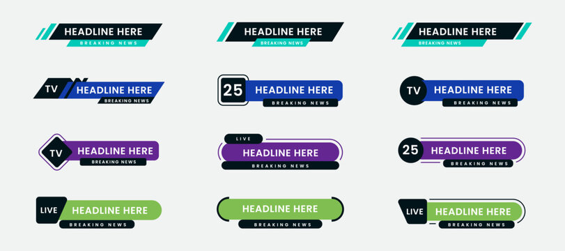 Set of breaking news lower third bar banner design. Tv header bars for news, sports, and live broadcast information. Professional video title templates for broadcast and media vector set collection