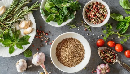 Top View of Herbs and Spices: Healthy Ingredients Rich in Fiber and Vitamins