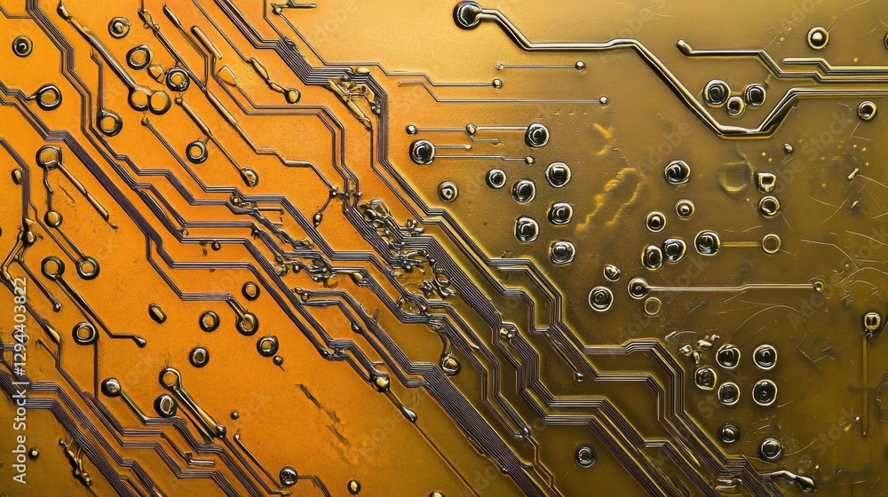 Poster abstract gold circuit board design with glowing elements and patterns