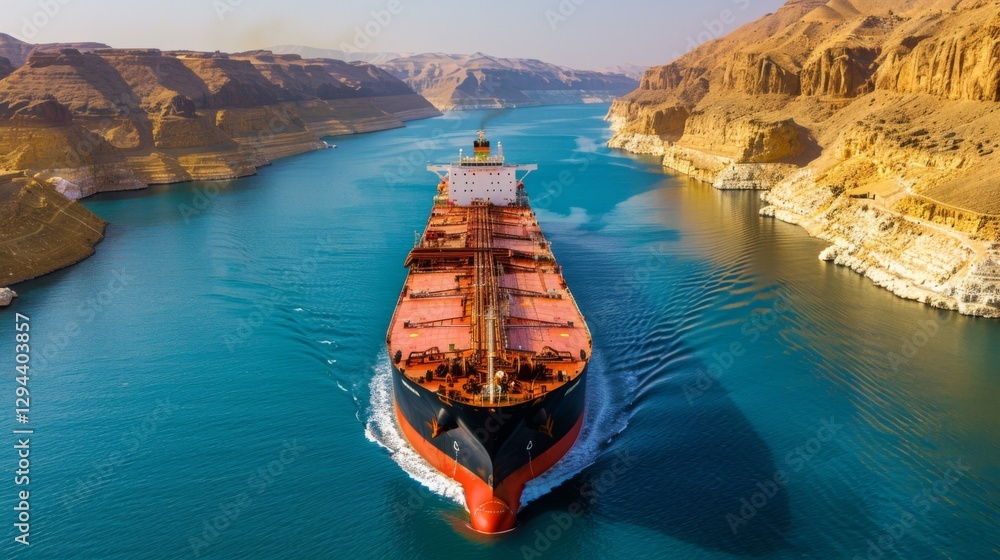Poster a large cargo ship moves steadily through a narrow channel flanked by towering cliffs, with calm wat