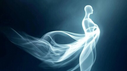 Obraz premium A tranquil figure emerges gracefully from soft, flowing wisps of mist, embodying serenity and peace in a gentle, ethereal light. The atmosphere feels mystical and calming