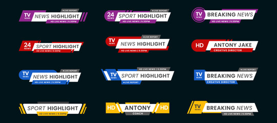 Set of breaking news lower third bar banner design. Tv header bars for news, sports, and live broadcast information. Professional video title templates for broadcast and media vector set collection