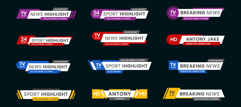 Set of breaking news lower third bar banner design. Tv header bars for news, sports, and live broadcast information. Professional video title templates for broadcast and media vector set collection