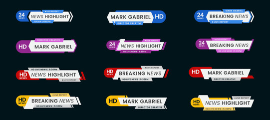 Breaking news lower third banner set. TV header bars for news, sports, and live broadcast vector set collection. Essential video titles in blue, purple, red, and yellow. Isolated lower third template