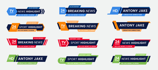 Set of breaking news lower third bar banner design. Tv header bars for news, sports, and live broadcast information. Professional video title templates for broadcast and media vector set collection