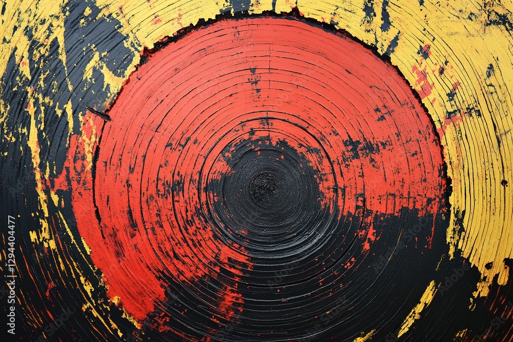 Poster abstract circles radiate color with red yellow and black concentric design pattern