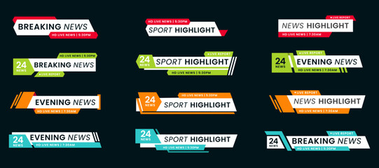 Set of breaking news lower third bar banner design. Tv header bars for news, sports, and live broadcast information. professional video title templates for broadcast and media vector set collection