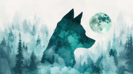 Mystical Wolf Silhouette Amidst Misty Forest and Full Moon