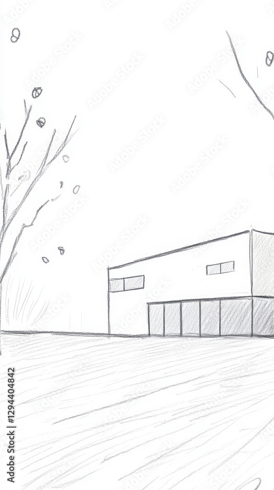Aufkleber simple black and white sketch of a small house and trees with a fence and trees line drawing design 
