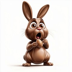 Obraz premium A cute cartoon rabbit holding an egg, looking surprised, with big eyes and a soft, chocolate-colored body.