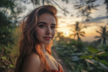 Naklejka premium Happy Woman Portrait, Deep Forest Sunset Background, Copy Space