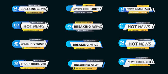 Breaking news lower third banner set. TV header bars for news, sports, and live broadcast vector set collection. Essential video titles in white, and yellow gradient. Isolated lower third template
