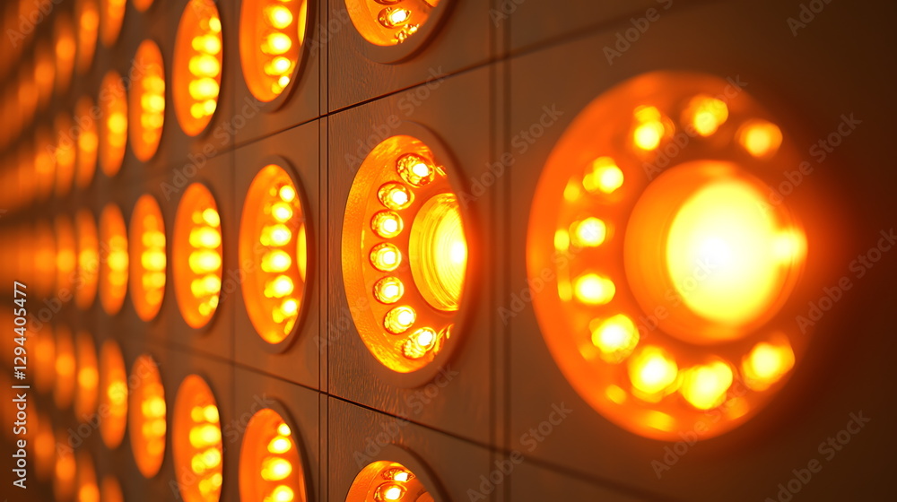 Aufkleber illuminated round led lights arranged in a grid pattern radiating warm orange glow on a textured wal