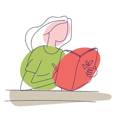 Girl diary. Woman write journal. Student studying with book. Teenager draws in cute paper notebook. Vector female character illustration. Eps 10. Vector illustration.