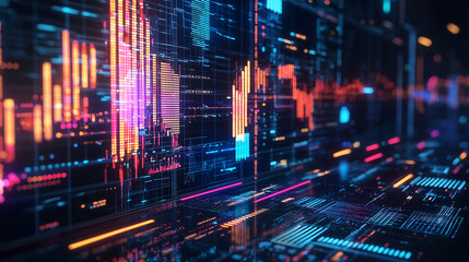 Futuristic Neon Digital Dashboard with Glowing Data Graphs Charts in Vibrant Colors Sci-Fi Interface