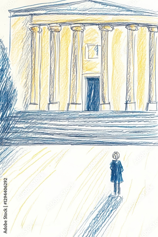 Aufkleber sketch of a classical building with a figure approaching it entrance steps and columns with perspect