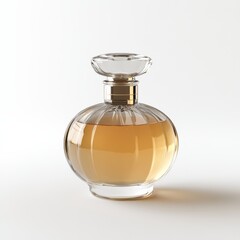 Elegant Round Glass Perfume Bottle with Golden Liquid on a White Backdrop, a luxurious fragrance product.