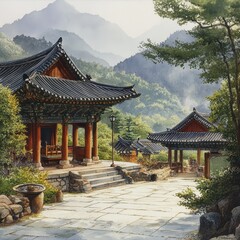 Korean Temple and Mountainous Landscape in Watercolor