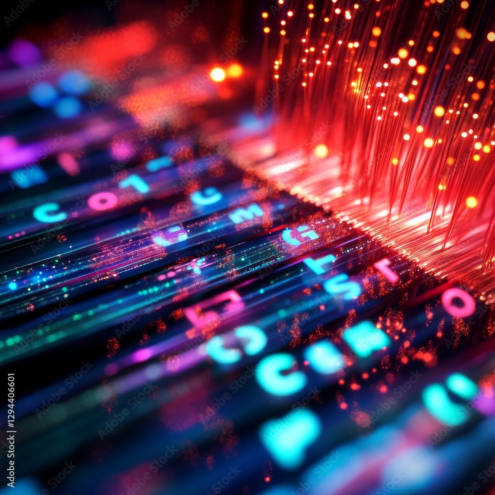 Poster Fiber Optic Data Stream: Abstract Representation of Communication Technology with Letters and Vibrant Lights