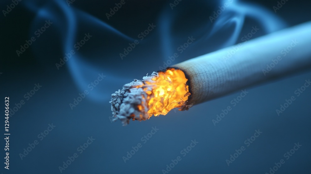 Poster a lit cigarette rests in a dimly lit space, glowing brightly at the tip while seductively curling sm