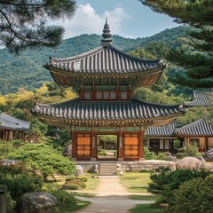 Fototapeta premium A beautiful traditional pagoda stands amidst a lovely peaceful garden